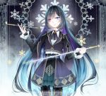  1girl absurdres blue_eyes blue_hair dress facial_mark fleur_de_lis heterochromia highres long_hair long_sleeves pink_eyes pipe pixiv_fantasia_fallen_kings staff star stari 