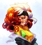  1girl big_hair bodysuit breasts brown_hair freckles green_eyes headband jacket lips lipstick makeup marvel multicolored_hair off_shoulder robert_porter rogue_(x-men) signature skin_tight solo two-tone_hair white_hair x-men 