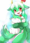  1girl :3 animal_ears bangs blush blush_stickers breasts creature ex-keine fang furry horn_bow horn_ribbon horns hug kagerofu kamishirasawa_keine looking_at_viewer multicolored_hair nude open_mouth payot red_eyes ribbon shadow sukusuku_hakutaku tail thighs touhou 