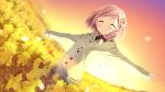  1girl blush field flower flower_field game_cg hair_flower hair_ornament kantoku pink_hair scenery short_hair smile solo sunset your_diary yua_(your_diary) 