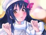  1girl blue_hair blush brown_eyes face fur_trim hair_ribbon hat jacket koie_yotsumu looking_at_viewer love_live!_school_idol_project open_mouth ribbon solo sonoda_umi 