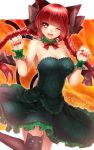  1girl :3 animal_ears blush braid breasts cat_ears cat_tail cleavage hair_ribbon kaenbyou_rin kanzaki_maguro long_hair multiple_tails nail_polish open_mouth paw_pose red_eyes redhead ribbon smile solo tail thighhighs touhou twin_braids wink wrist_cuffs 
