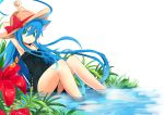  1girl animal_ears armpits arms_up blue_hair coup_(shun_soku) flower green_eyes hat long_hair looking_at_viewer original shun_soku solo very_long_hair 