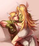  1boy blonde_hair caesar_anthonio_zeppeli couch dual_persona facial_mark feathers fingerless_gloves genderswap gloves green_eyes green_jacket hair_feathers head_wings headband highres jacket jojo_no_kimyou_na_bouken long_hair ruukii_drift selfcest sitting sitting_on_lap sitting_on_person solo upright_straddle 