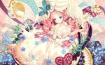  1girl blue_eyes breasts cherrypin cleavage dress flower gown hear long_hair milk original pink_hair solo 