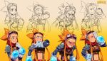  /\/\/\ 1girl angry blush breasts cryamore cryamore_condenser detached_sleeves esmyrelda_maximus expressions facepalm freckles gloves goggles goggles_on_head highres long_hair midriff orange_hair pauldrons payot red_scarf robert_porter scarf shocked_eyes solo spiky_hair suspenders sweatdrop zoom_layer 