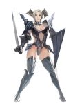  1girl armor bh001 blonde_hair green_eyes horns lips long_hair looking_at_viewer shield simple_background solo sword thighs weapon white_background 