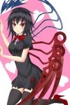  1girl asymmetrical_wings black_dress black_hair black_legwear bow breasts dress gmot heart high_heels highres houjuu_nue kneeling large_breasts looking_at_viewer red_shoes shoes short_sleeves solo thigh-highs touhou wings zettai_ryouiki 