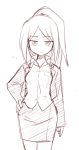  1girl hand_on_hip ikune_juugo looking_at_viewer monochrome simple_background sketch skirt solo white_background 