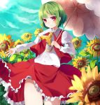  1girl flower green_hair hachimitsu_ame_(phoenix) kazami_yuuka parasol red_eyes short_hair skirt skirt_set solo sunflower touhou umbrella 