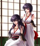  2girls akatsuki_matsumoto black_hair breasts cleavage comb combing detached_sleeves fusou_(kantai_collection) kantai_collection large_breasts long_hair multiple_girls red_eyes short_hair siblings sisters sitting yamashiro_(kantai_collection) 