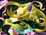  1girl bare_shoulders blonde_hair hair_ornament hair_over_one_eye head_tilt long_hair looking_at_viewer me_kyabetsu pandora_(p&amp;d) puzzle_&amp;_dragons red_eyes solo 