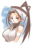  1girl ahoge antenna_hair bandana black_hair blush breasts high_ponytail huge_ahoge ibuki large_breasts measurements muramasa_mikado ninja solo street_fighter sweatdrop 