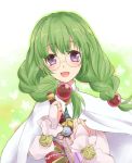  1girl :d bracelet braid cape glasses gradient gradient_background green_background green_hair hair_ornament haru_tomato jewelry long_hair open_mouth philia_felice smile solo sword tales_of_(series) tales_of_destiny violet_eyes weapon white_background 