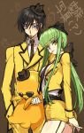  1boy 1girl bangs black_hair bow c.c. cheese-kun code_geass creayus fedora formal garter_straps green_hair hair_bow hat height_difference lelouch_lamperouge mini_hat miniskirt necktie payot pocky ponytail skirt skirt_suit suit sunglasses violet_eyes yellow_eyes 