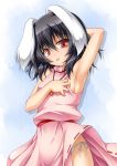  1girl :p animal_ears arm_up armpits black_hair blush dress inaba_tewi jewelry looking_at_viewer necklace panties pink_dress rabbit_ears red_eyes roura short_hair side-tie_panties small_breasts smile solo tongue touhou underwear white_panties 