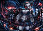  1girl abs bare_shoulders black_hair breasts dark_persona elbow_gloves fingerless_gloves gloves glowing glowing_eyes hairband headgear kantai_collection long_hair nagato_(kantai_collection) personification qblade red_eyes shinkaisei-kan solo thigh-highs 