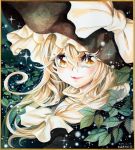  1girl blonde_hair bow braid face frame hair_bow hat hat_bow highres kirisame_marisa lipstick looking_at_viewer makeup mosho nib_pen_(medium) portrait signature single_braid smile solo star touhou traditional_media watercolor_(medium) witch_hat yellow_eyes 