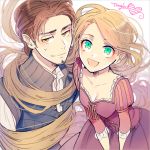  1boy 1girl absurdly_long_hair blonde_hair brown_hair couple dress flynn_rider green_eyes inseki_tarou long_hair rapunzel rapunzel_(disney) short_hair smile tangled very_long_hair 