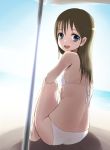  bikini black_eyes brown_hair from_behind highres looking_back original sitting swimsuit tera_(teraura) umbrella 