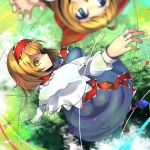  1girl alice_margatroid blonde_hair blue_dress blue_eyes blurry bow capelet depth_of_field dress hair_bow hairband jewelry long_sleeves looking_at_viewer puppet_strings ring sash shanghai_doll touhou umigarasu_(kitsune1963) upside-down yellow_eyes 