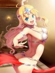  1girl ahoge arm_up armlet armor ass bikini_armor blonde_hair blush breasts circlet dragon_quest dragon_quest_iv earrings halo0001 hoshii_miki idolmaster jewelry loincloth long_hair looking_at_viewer minea minea_(cosplay) nail_polish necklace open_mouth outstretched_arms solo sweat 