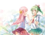  2girls bow braid closed_eyes flower flower_on_head french_braid green_hair green_skirt hair_bow hands_clasped highres holding_hands interlocked_fingers lily_(flower) looking_at_viewer multiple_girls neck_ribbon open_mouth original panties pantyshot pantyshot_(standing) pink_hair ponytail q3660966 red_skirt ribbon school_uniform skirt standing underwear white_panties yellow_eyes yuri 