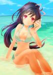  1girl absurdres arm_support beach bikini black_hair breasts cleavage highres long_hair ocean original ponytail red_eyes seashell shell sitting sky smile solo swimsuit water 