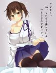 1girl breasts brown_hair cleavage kaga_(kantai_collection) kantai_collection large_breasts looking_at_viewer short_hair side_ponytail smile solo translation_request yahiro_(anhnw) 