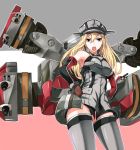  1girl bismarck_(kantai_collection) blonde_hair blue_eyes blush breasts brown_gloves cannon detached_sleeves gloves grey_legwear hat highres kantai_collection long_hair looking_at_viewer makkori military military_hat military_uniform open_mouth peaked_cap personification solo thigh-highs uniform 