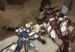  2boys belt blonde_hair brown_hair concrete fingerless_gloves gloves guilty_gear headband ky_kiske long_hair lying min_(minyinr) multiple_boys on_back open_mouth order_sol ponytail sleeping sol_badguy sword uniform weapon 