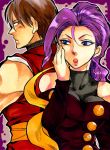  1boy 1girl back-to-back blue_eyes breasts brown_hair detached_sleeves final_fight fishnets fringe gai_(final_fight) hagoromo large_breasts leotard ninja purple_hair rose_(street_fighter) shawl street_fighter 