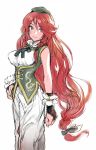  1girl adapted_costume blue_eyes braid breasts bridal_gauntlets hat hong_meiling large_breasts long_hair low-tied_long_hair matsuda_(matsukichi) messy_hair redhead smile solo touhou twin_braids very_long_hair wrist_cuffs 