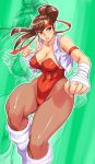  armband breakers breasts brown_eyes brown_hair bunnysuit cleavage clothed_navel fighting_stance headband iad lips loose_socks pantyhose ponytail scrunchie sheer_legwear socks socks_over_pantyhose solo thick_thighs thighs tia_langray vest zoom_layer 