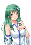  1girl blush breasts chiro detached_sleeves frog_hair_ornament green_eyes green_hair hair_ornament kochiya_sanae long_hair looking_at_viewer simple_background smile snake_hair_ornament solo touhou white_background 