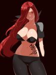  1girl black_background breasts cleavage collarbone hair_over_one_eye long_hair navel original red_eyes redhead solo tattoo tight_pants yonggi 
