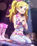  1girl 2boys artist_request barefoot blonde_hair boots cuffs emily_stuart idolmaster idolmaster_million_live! jewelry kneeling long_hair looking_at_viewer microphone multiple_boys necklace official_art shoes_removed smile twintails violet_eyes 
