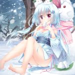  1girl barefoot blue_hair feet japanese_clothes kimono legs long_hair original scarf sekine_irie short_kimono snow snow_bunny snowing snowman solo toes tree violet_eyes 