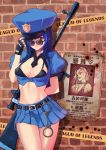  1girl alternate_costume blue_hair breasts brick_wall caitlyn_(league_of_legends) caution_tape cuffs engrish gun handcuffs hat highres jinx_(league_of_legends) league_of_legends long_hair navel police_tape poster_(object) ranguage red_eyes rifle skirt smile sniper_rifle solo sunglasses tienao wanted weapon 