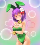  1girl animal_ears blush breasts bunnysuit cleavage detached_collar flower hair_flower hair_ornament hieda_no_akyuu highres karaage_(ta-na) pantyhose purple_hair rabbit_ears short_hair smile touhou violet_eyes wrist_cuffs 