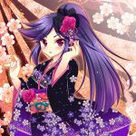  1girl aki_(hihouden) flower hair_flower hair_ornament hihouden japanese_clothes kimono long_hair obi pink_rose ponytail purple_hair red_eyes rose sash solo tokinon 