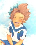  1boy blue_hair blush bou_erika brown_hair closed_eyes inazuma_eleven_(series) inazuma_eleven_go inazuma_eleven_go_galaxy lightning_bolt male matatagi_hayato multicolored_hair open_mouth shinsei_inazuma_japan soccer_uniform solo two-tone_hair 