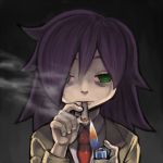  1girl black_hair blazer drugs green_eyes hair_over_one_eye kuroki_tomoko lighter long_hair necktie pltrgst red_sclera school_uniform smoking solo watashi_ga_motenai_no_wa_dou_kangaetemo_omaera_ga_warui! 