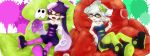  +_+ 2girls aori_(splatoon) bean_bag_chair bike_shorts black_hair brown_eyes detached_collar dress earrings fangs food food_on_head gloves green_legwear grey_hair highres hotaru_(splatoon) jewelry long_hair looking_at_viewer mask mole mole_under_eye multiple_girls object_on_head octopus one_eye_closed open_mouth outstretched_arms paint_splatter pantyhose pillow pointing pointing_up pointy_ears purple_legwear shiny shiny_skin shoes short_dress short_hair short_jumpsuit shorts_under_skirt sitting smile splatoon squid strapless strapless_dress takanashi_keisuke tentacle_hair white_gloves x_x 