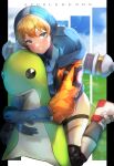  1girl absurdres apex_legends bangs blue_bodysuit blue_gloves blue_headwear blush bodysuit clenched_hand copyright_name eyebrows_behind_hair gloves highres jacket kneeling looking_at_viewer nessie_(respawn) nitogebeto object_hug orange_jacket parted_lips ribbed_bodysuit scar scar_on_cheek scar_on_face smile solo stuffed_toy thigh_strap typo v-shaped_eyebrows wattson_(apex_legends) white_bodysuit white_footwear 