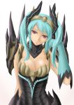  1girl alatreon breasts cleavage dragon_girl highres horns looking_at_viewer monster_hunter monster_hunter_3 oni-noboru personification simple_background smile solo spikes white_background wings 