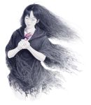  1girl black_hair closed_eyes highres holding long_hair original pale_skin robe sakkan simple_background smile torn_clothes white_background 