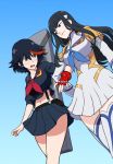  black_hair blue_eyes blush breasts closed_eyes embarrassed kill_la_kill kiryuuin_satsuki locked_arms long_hair matoi_ryuuko multicolored_hair multiple_girls navel school_uniform senketsu serafuku short_hair skirt smile suspenders two-tone_hair wata_do_chinkuru 