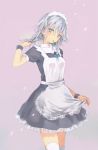  1girl blue_dress blue_eyes braid braiding_hair dress hair_ribbon hairdressing hand_in_hair izayoi_sakuya looking_at_viewer maid maid_apron maid_headdress mouth_hold nove_(legge) petals pink_background puffy_sleeves ribbon ribbon_in_mouth short_sleeves silver_hair single_braid solo thigh-highs touhou white_legwear wrist_cuffs zettai_ryouiki 