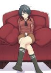  1girl black_hair blush breasts couch crossed_legs highres kantai_collection looking_at_viewer mogami_(kantai_collection) no_shoes open_fly open_shorts personification pokokichi_(you) short_hair shorts sitting smile socks solo unzipped 